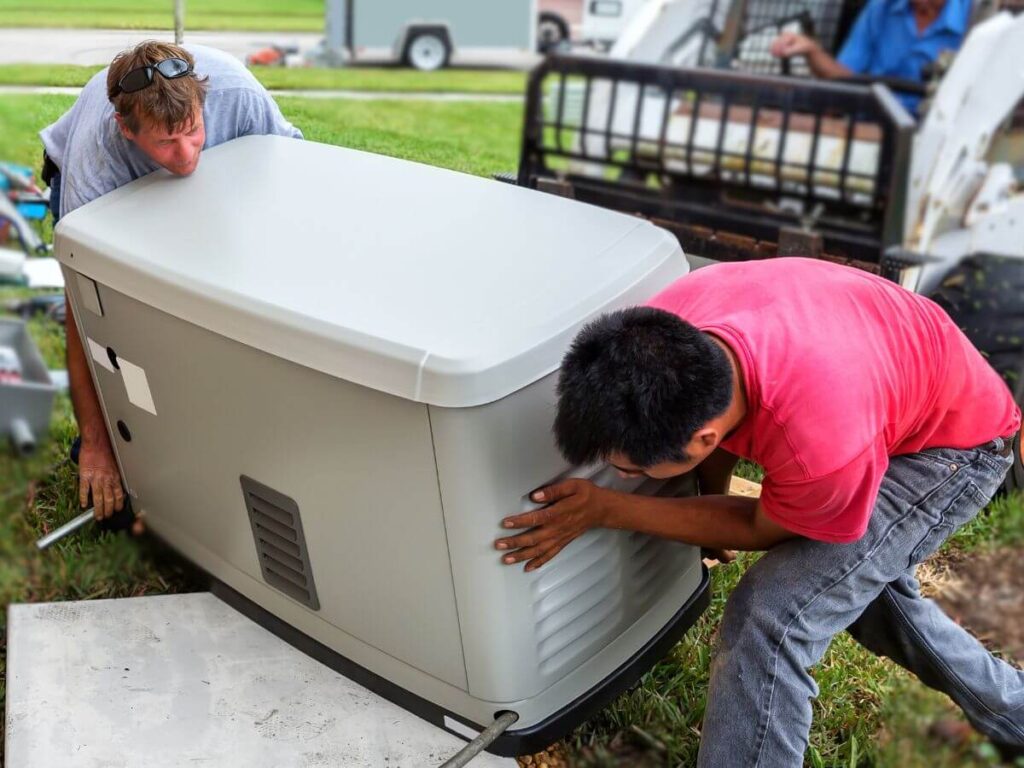 Technicians installing a whole house generator to provide reliable backup power during Michigan storms.
