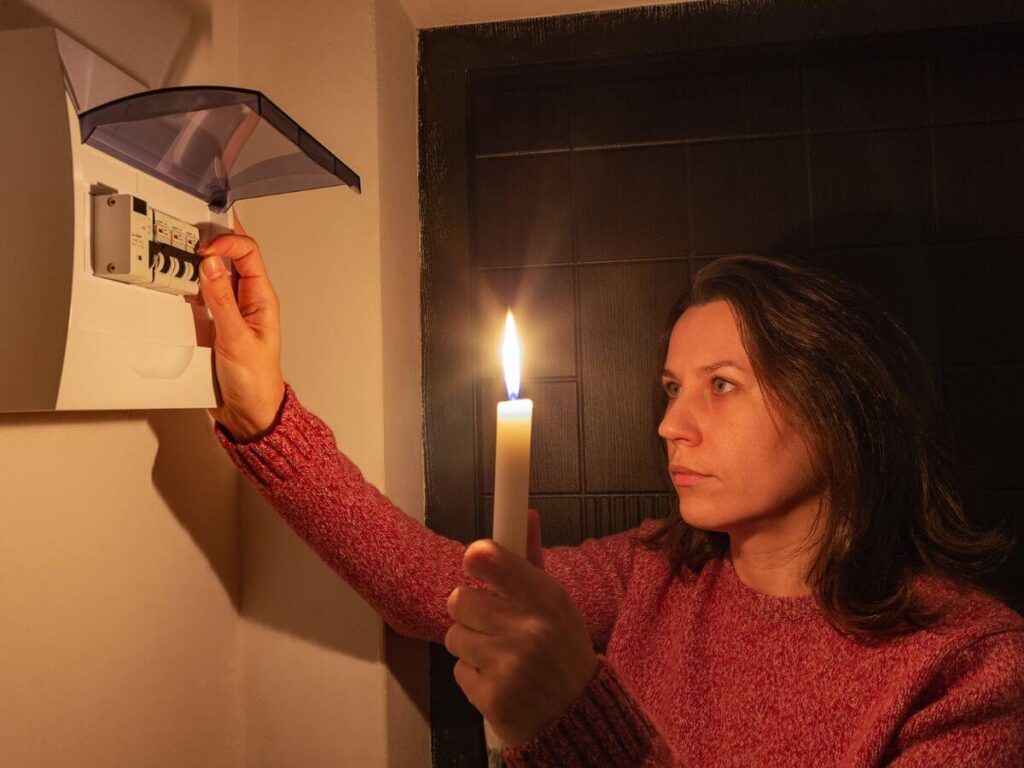 Person holding a candle during a blackout, highlighting the risks of storm outages without a standby generator.